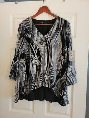 Calesas Black Brown Cream Abstract Floral Print Tunic Top Women's Size Large
